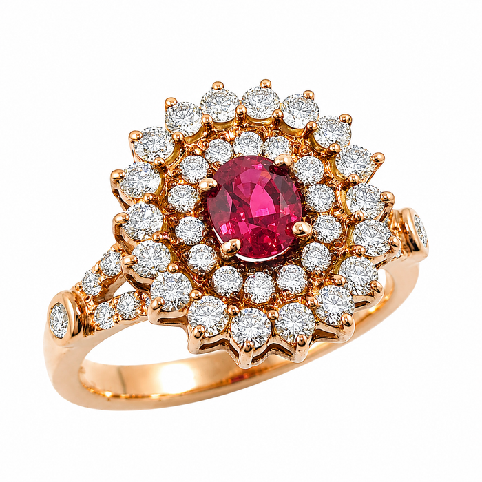 Red spinel oval and diamond rose gold ring