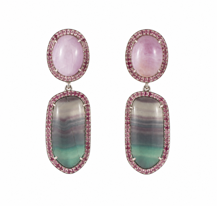 Rainbow fluorite, kunzite, pink sapphire halo silver dangle earrings