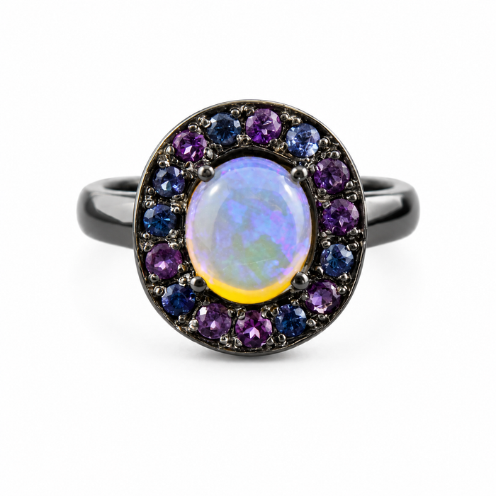 Australian jelly opal with amethyst and blue sapphire halo oxidized black gold ring