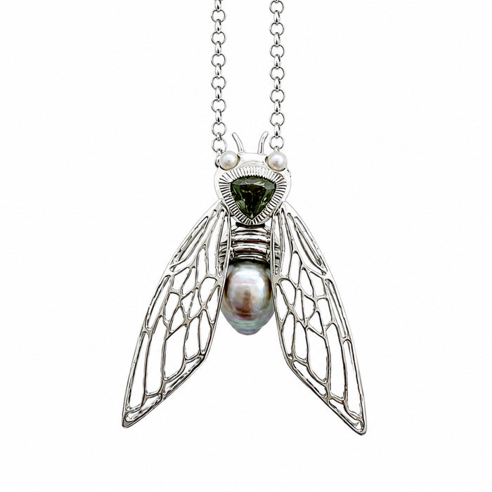 Cicada insect Tahitian pearl Australian green trillion cut sapphire rhodium plated silver pendant necklace