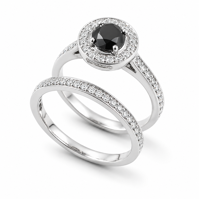 Black diamond round diamond halo 14k white gold wedding ring set