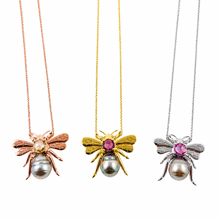 Bee insect Tahitian pearl, yellow rose cut sapphire, 14k rose gold pendant necklace