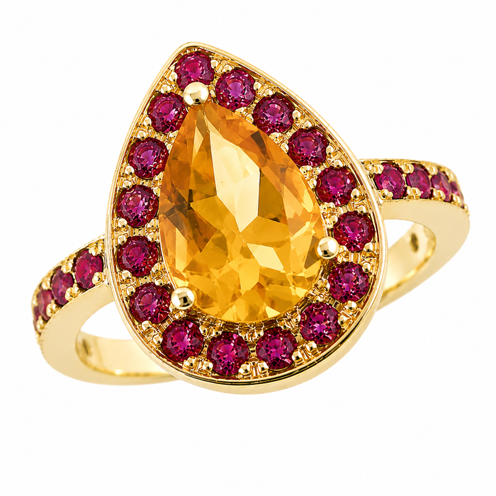 Citrine pear and emerald halo rose gold alternative engagement ring - Customise size, halo gemstones and gold colour