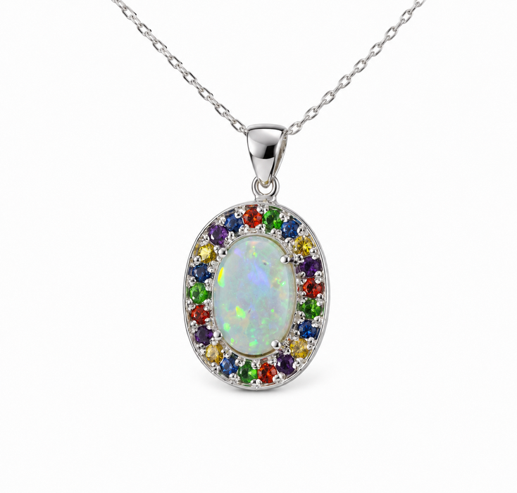 Australian opal fancy sapphires and amethyst halo white gold pendant necklace