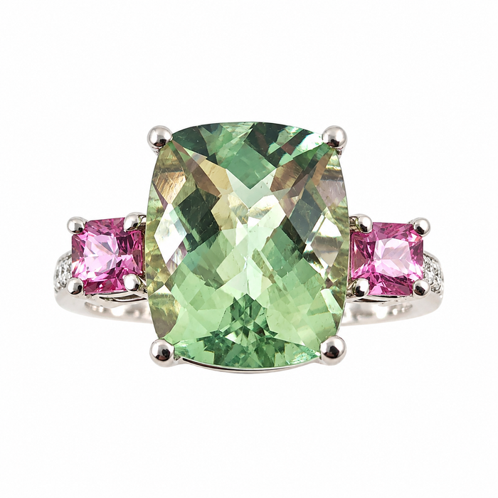 Green amethyst pink sapphire multi stone diamond 14k white gold ring