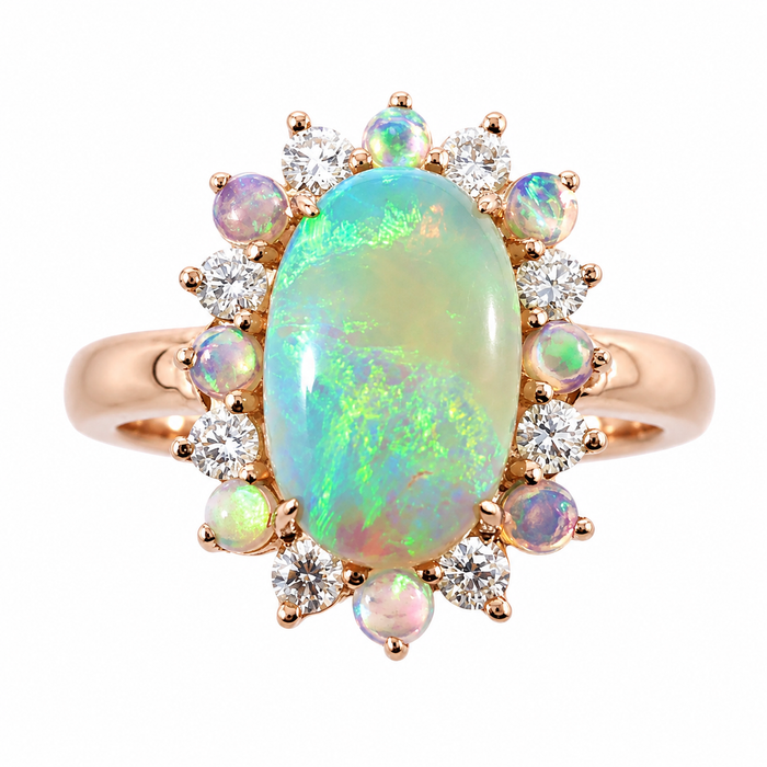 Australian jelly opal diamond halo 14k rose gold ring