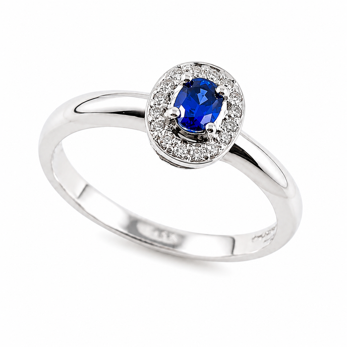 Ceylon sapphire oval and white diamond halo 14k white gold ring