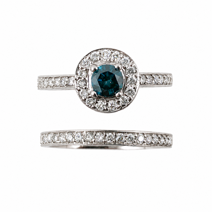 Blue diamond round diamond halo 14k white gold wedding ring set