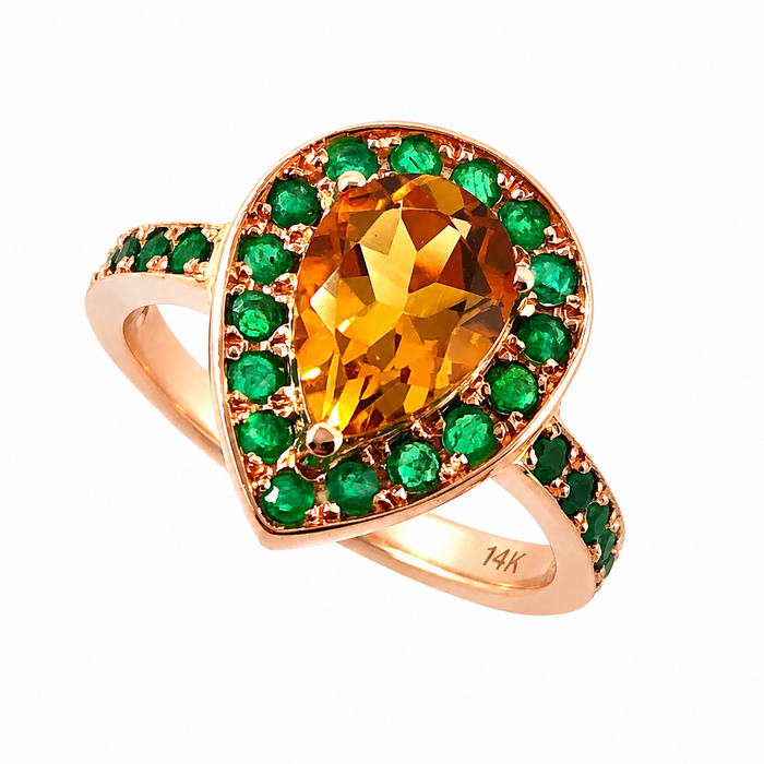 Citrine pear and emerald halo rose gold alternative engagement ring - Customise size, halo gemstones and gold colour