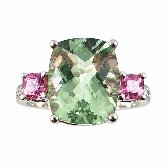 Green amethyst pink sapphire multi stone diamond 14k white gold ring