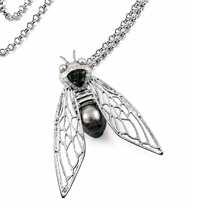 Cicada insect Tahitian pearl Australian green trillion cut sapphire rhodium plated silver pendant necklace