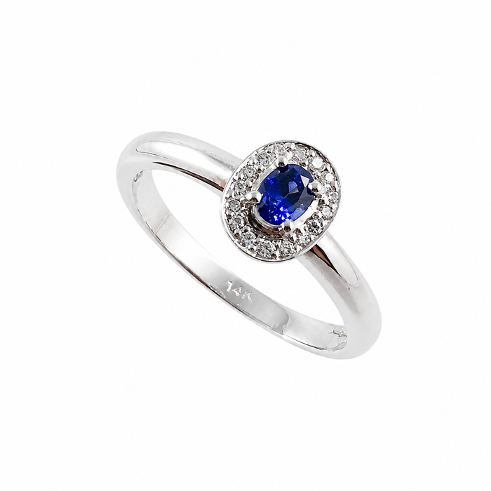 Ceylon sapphire oval and white diamond halo 14k white gold ring
