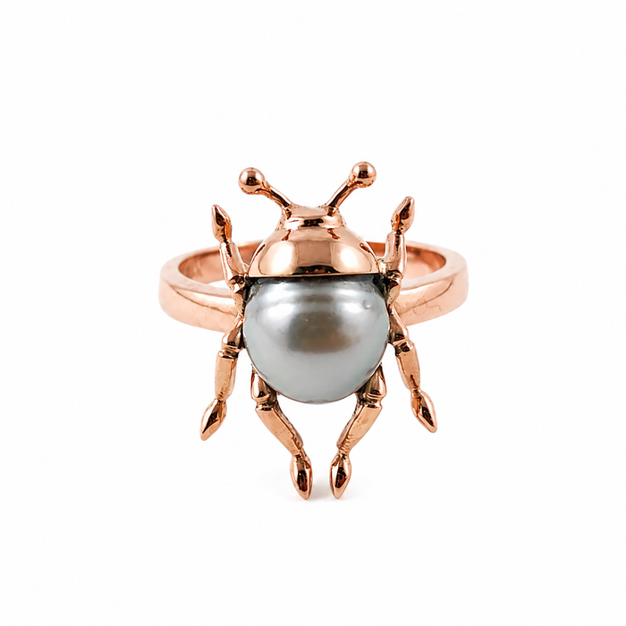 Beetle bug insect Tahitian pearl 14k rose gold ring