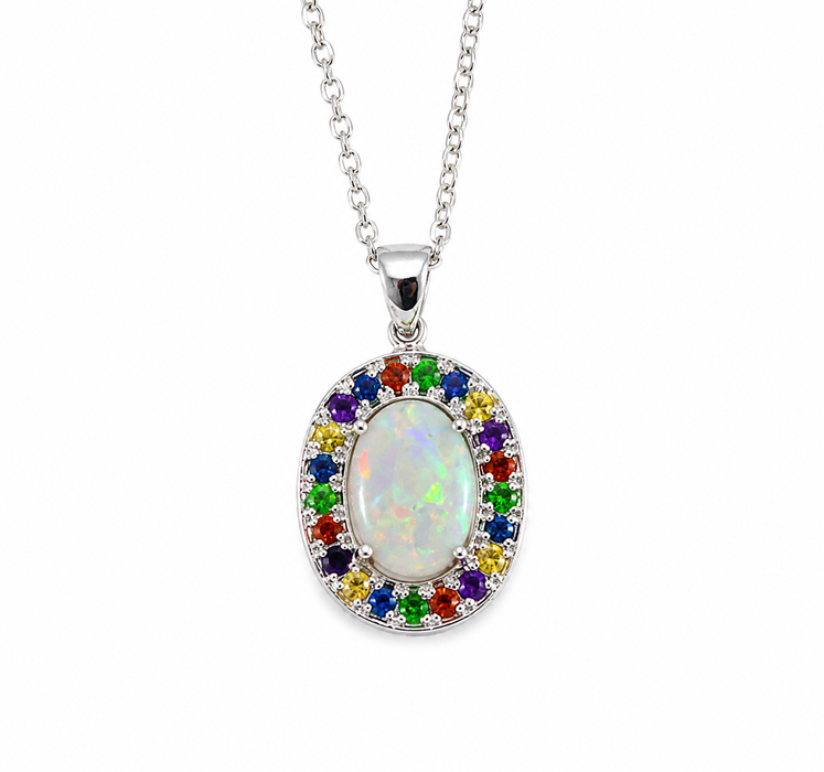 Australian opal fancy sapphires and amethyst halo white gold pendant necklace