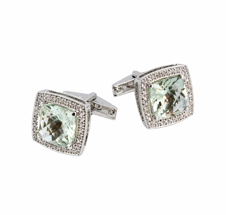 Mint quartz cushion cut and white sapphire silver cufflinks - READY TO SHIP