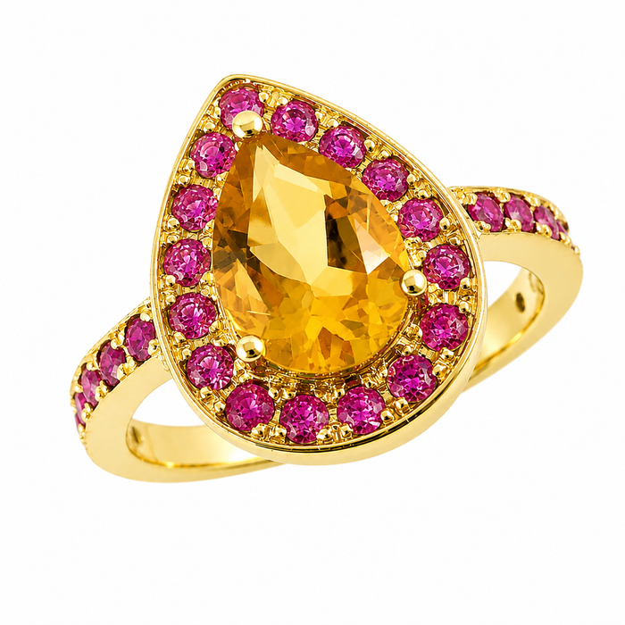 Citrine pear and emerald halo rose gold alternative engagement ring - Customise size, halo gemstones and gold colour