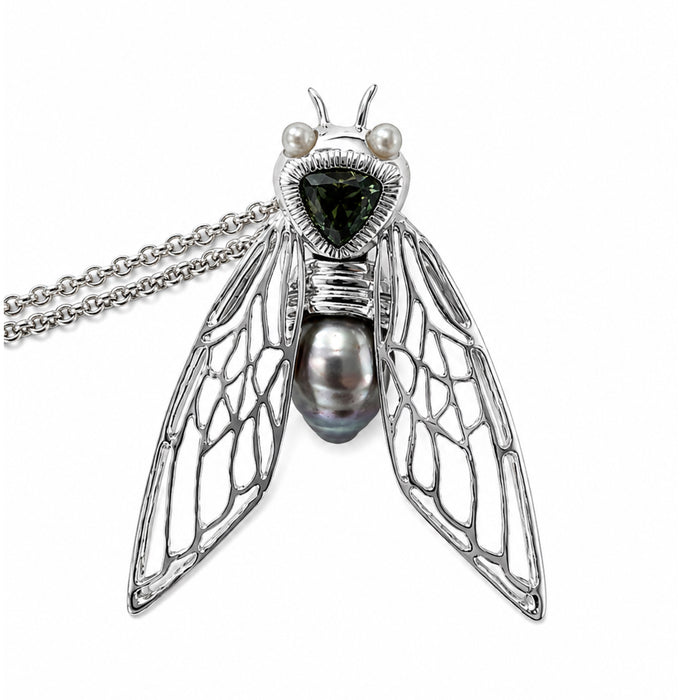 Cicada insect Tahitian pearl Australian green trillion cut sapphire rhodium plated silver pendant necklace