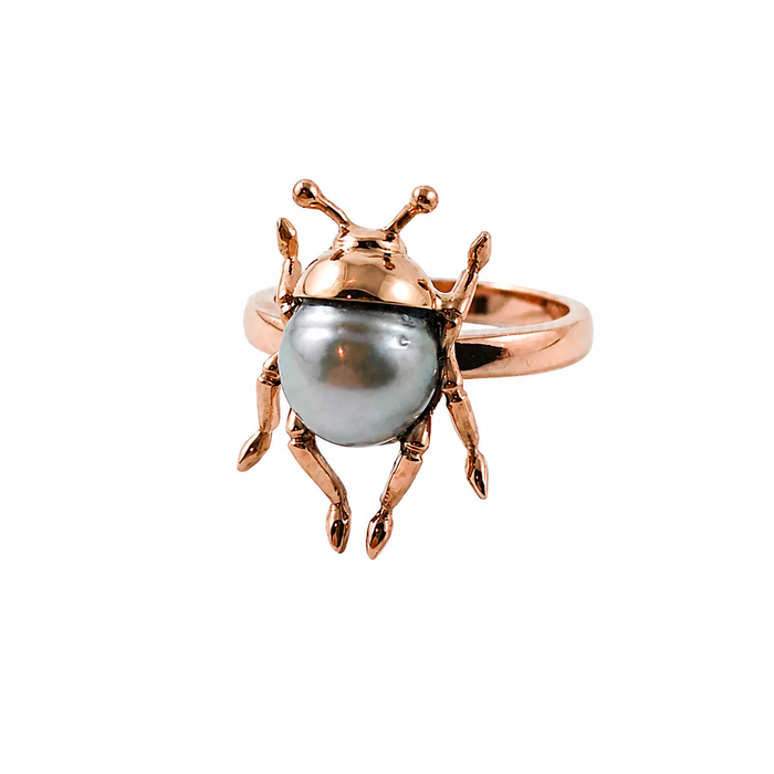 Beetle bug insect Tahitian pearl 14k rose gold ring