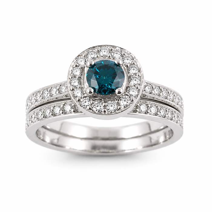 Blue diamond round diamond halo 14k white gold wedding ring set