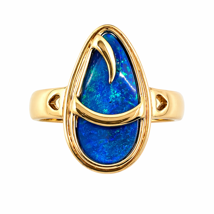 Australian blue Boulder opal organic sprout design solid yellow gold ring Size 11.5 US - Ready to ship or resize