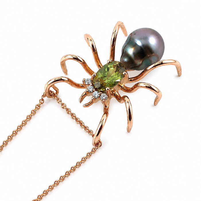 Spider arachnid insect Tahitian pearl Australian parti sapphire 14k rose gold pendant necklace