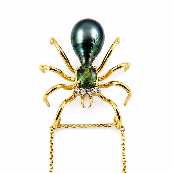 Spider arachnid insect Tahitian pearl Australian parti sapphire 14k yellow gold pendant necklace