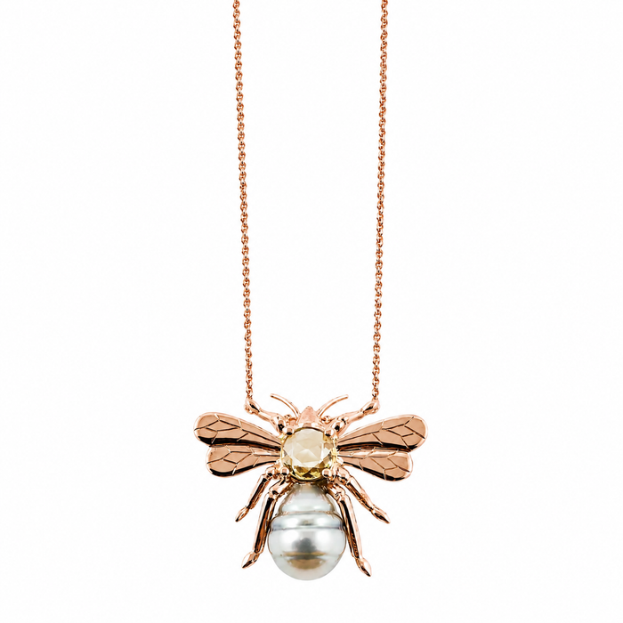 Bee insect Tahitian pearl, yellow rose cut sapphire, 14k rose gold pendant necklace