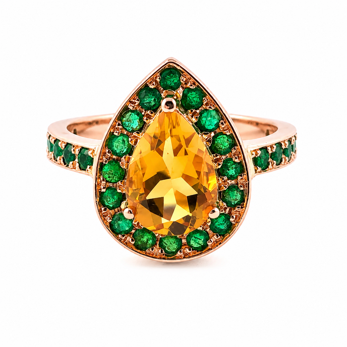 Citrine pear and emerald halo rose gold alternative engagement ring - Customise size, halo gemstones and gold colour