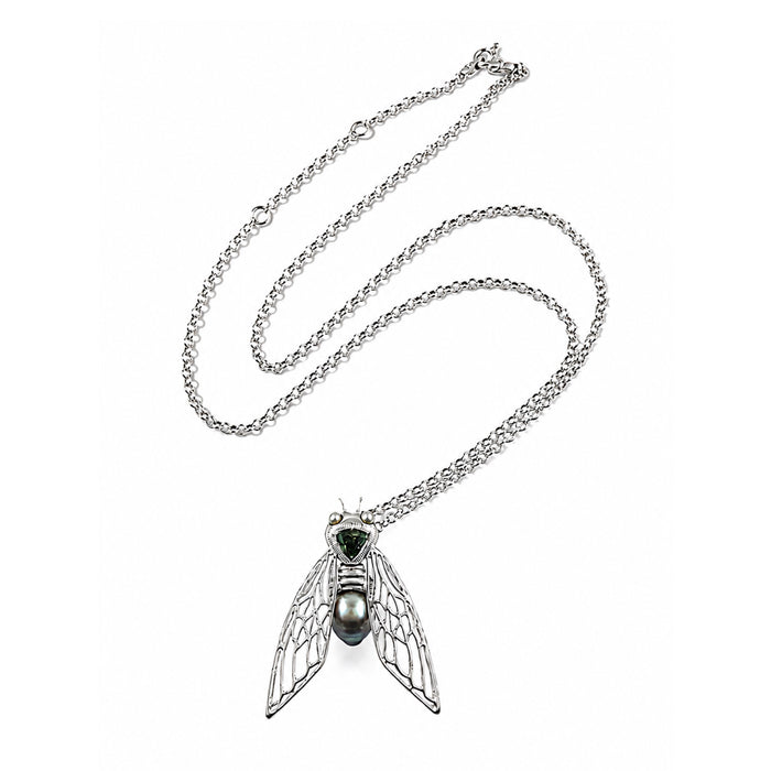 Cicada insect Tahitian pearl Australian green trillion cut sapphire rhodium plated silver pendant necklace