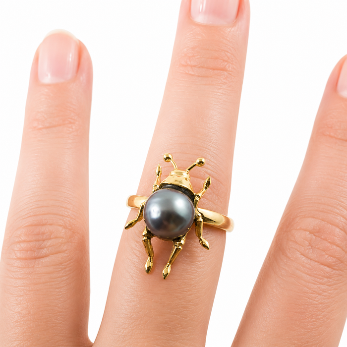 Beetle bug insect Tahitian pearl 14k yellow gold ring