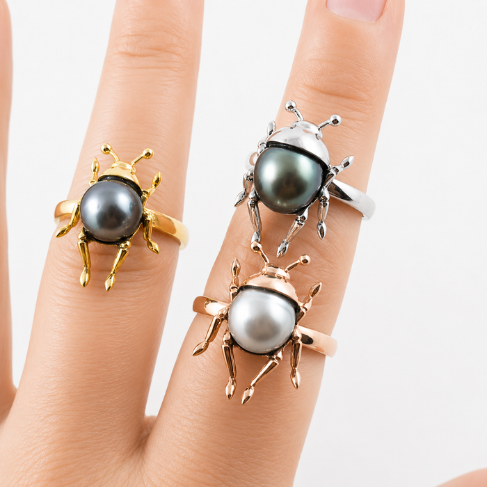 Beetle bug insect Tahitian pearl 14k yellow gold ring