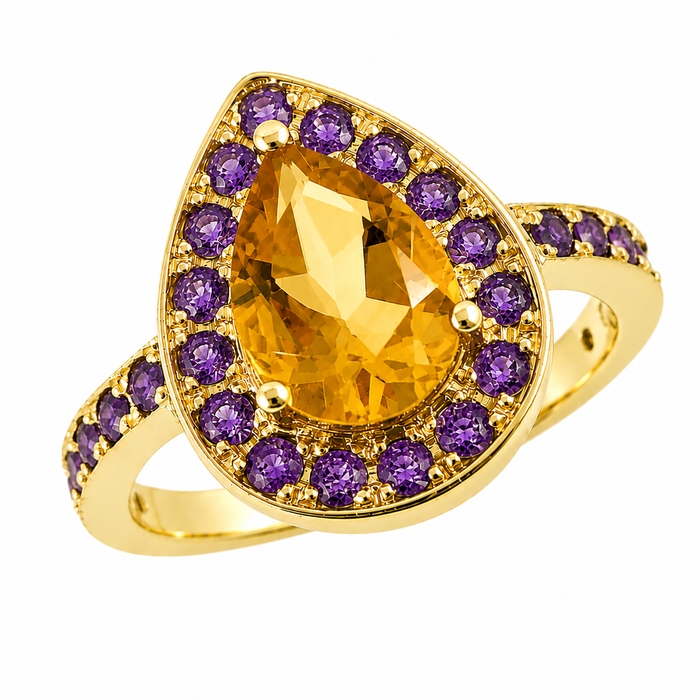 Citrine pear and emerald halo rose gold alternative engagement ring - Customise size, halo gemstones and gold colour
