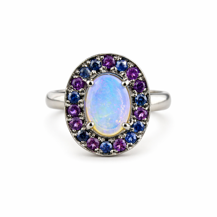 Australian jelly opal amethyst and blue sapphire halo black rhodium plated gold ring