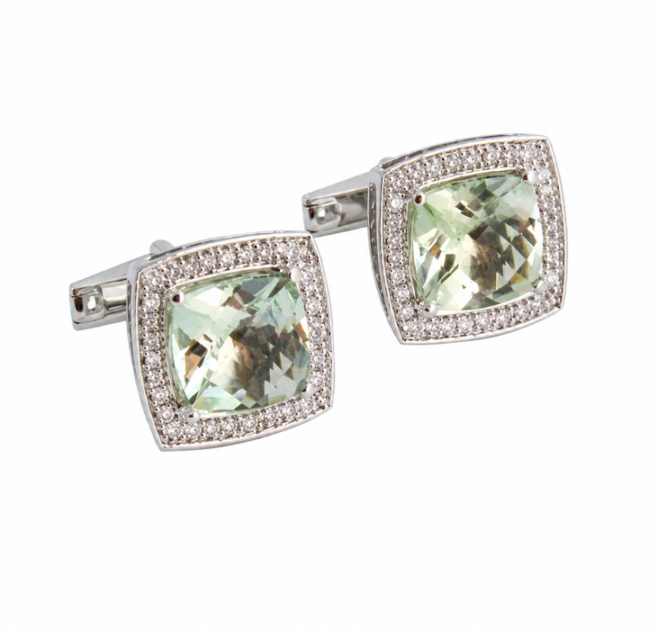 Mint quartz cushion cut and white sapphire silver cufflinks - READY TO SHIP