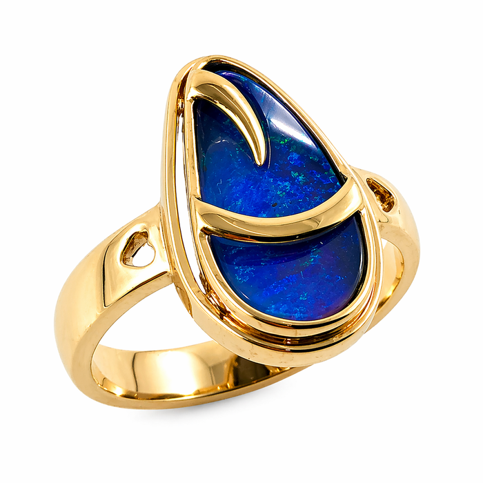 Australian blue Boulder opal organic sprout design solid yellow gold ring Size 11.5 US - Ready to ship or resize