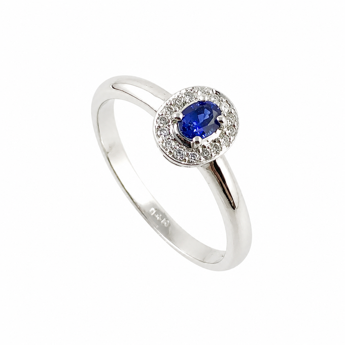 Ceylon sapphire oval and white diamond halo 14k white gold ring
