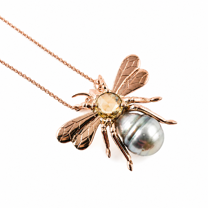 Bee insect Tahitian pearl, yellow rose cut sapphire, 14k rose gold pendant necklace