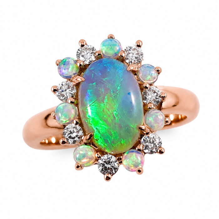 Australian black opal and diamond halo 14k rose gold ring