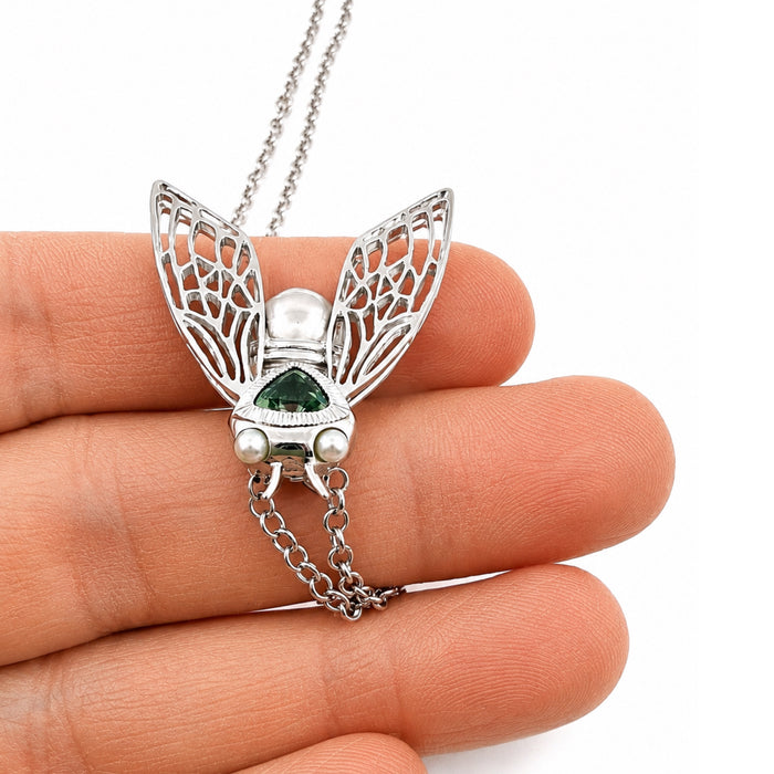Cicada insect Tahitian pearl Australian green trillion cut sapphire rhodium plated silver pendant necklace