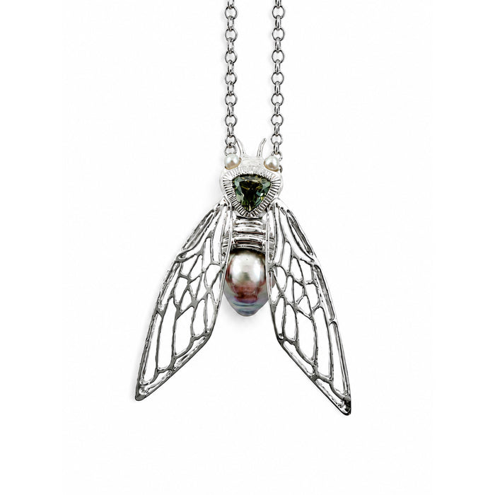 Cicada insect Tahitian pearl Australian green trillion cut sapphire rhodium plated silver pendant necklace
