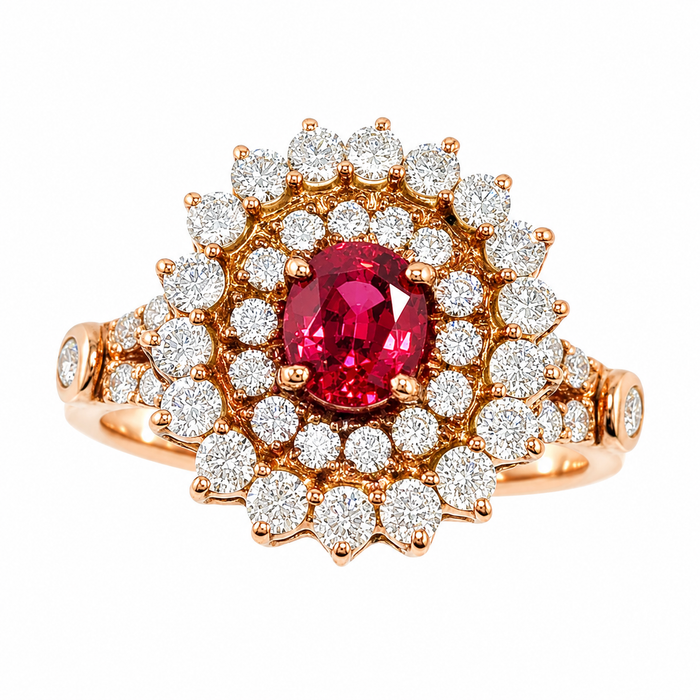 Red spinel oval and diamond rose gold ring