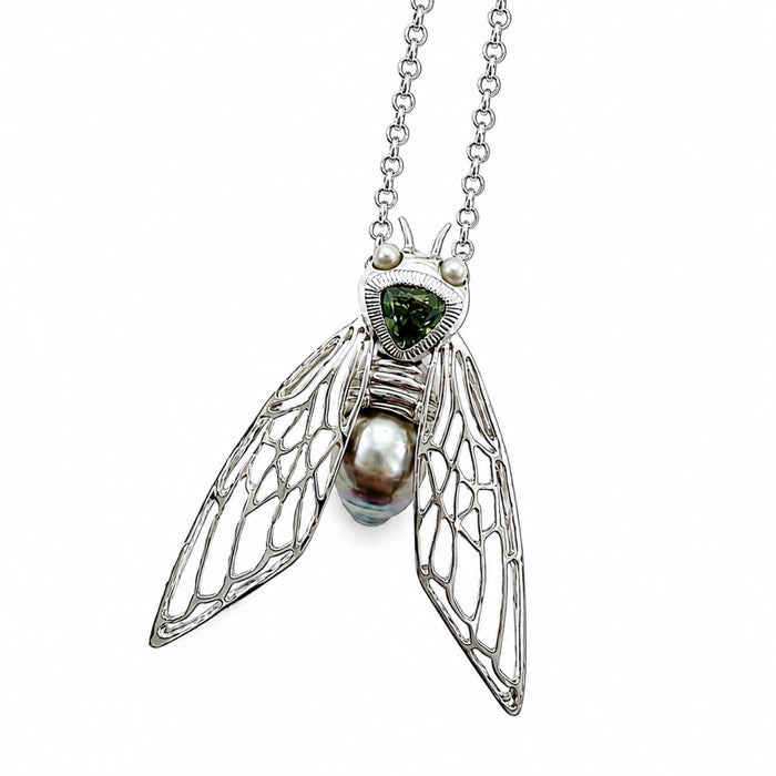 Cicada insect Tahitian pearl Australian green trillion cut sapphire rhodium plated silver pendant necklace