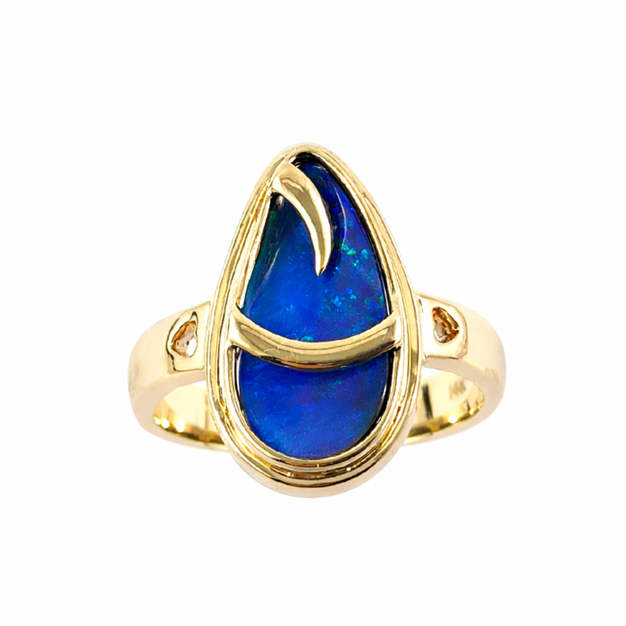 Australian blue Boulder opal organic sprout design solid yellow gold ring Size 11.5 US - Ready to ship or resize