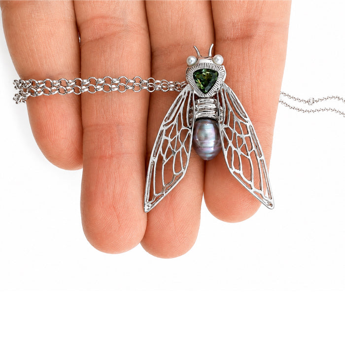 Cicada insect Tahitian pearl Australian green trillion cut sapphire rhodium plated silver pendant necklace