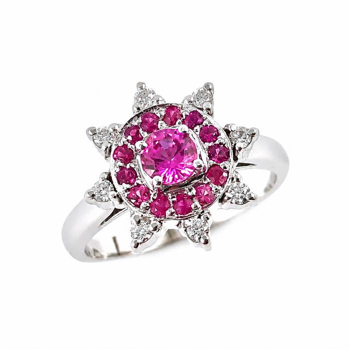 Australian pink sapphire pink ruby diamond 14k white gold flower ring