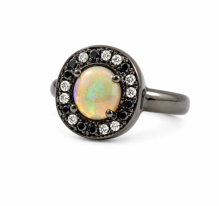 Australian jelly opal diamond black diamond halo black gold ring