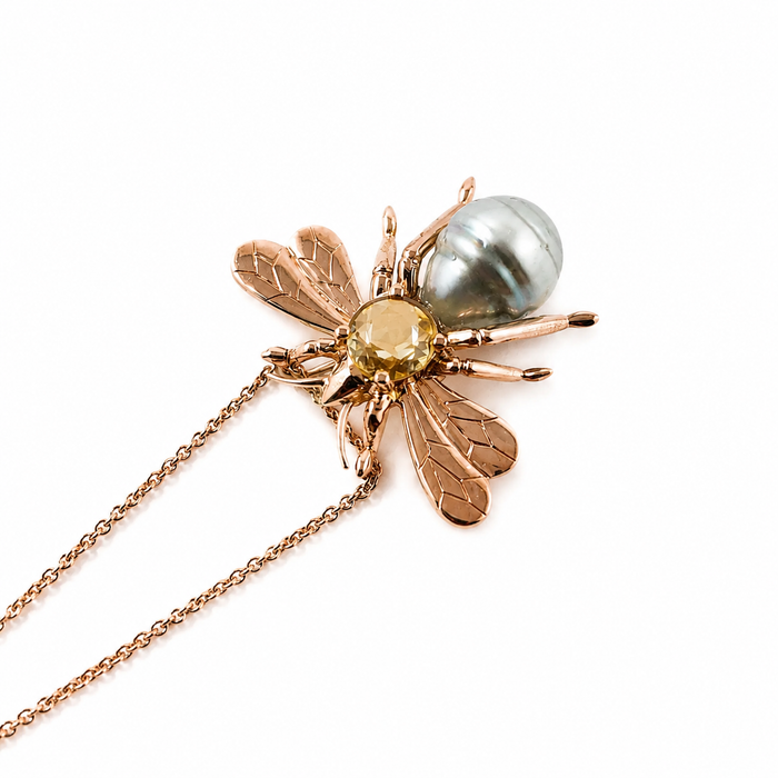 Bee insect Tahitian pearl, yellow rose cut sapphire, 14k rose gold pendant necklace