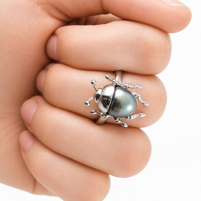 Beetle bug insect Tahitian pearl 14k white gold ring