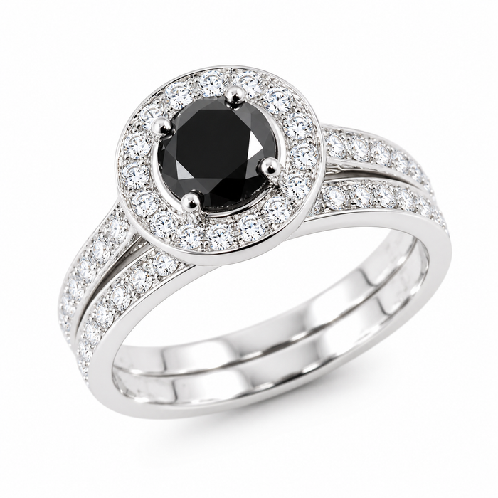 Black diamond round diamond halo 14k white gold wedding ring set