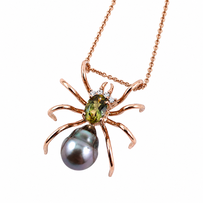 Spider arachnid insect Tahitian pearl Australian parti sapphire 14k rose gold pendant necklace